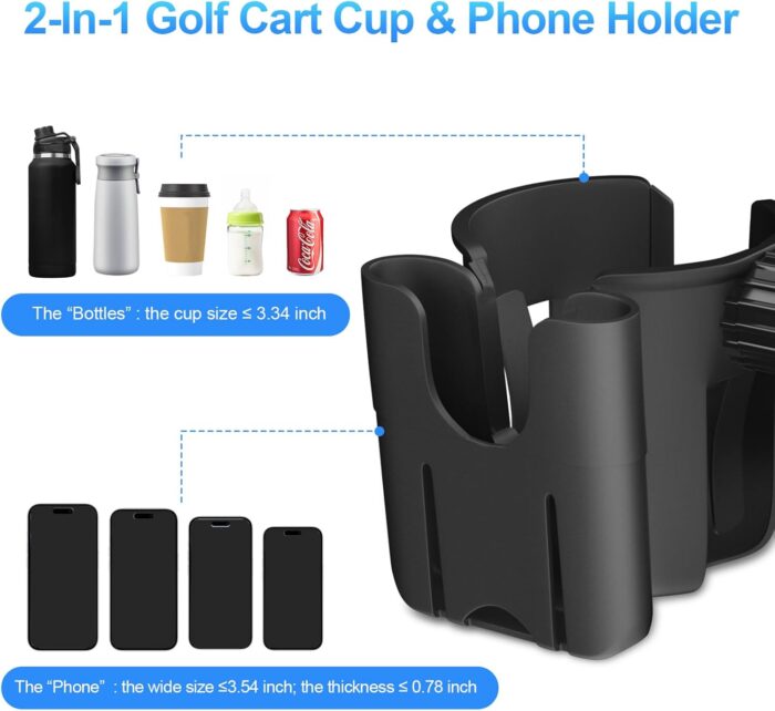 Golf Cart Cup Holder with Phone Holder, 2-in-1 Adjustable Universal Cup Phone Holder Front and Rear Seat Armrest Kit Accessories Compatible for EZGO/Club Car/Yamaha & Most Golf Carts - Image 2
