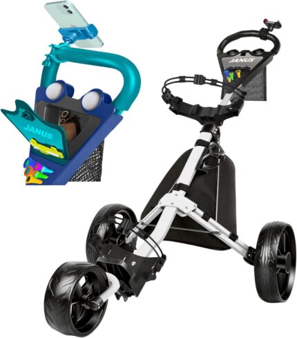 JANUS Golf cart, Foldable Golf Push cart, Golf Bag cart, Golf Pull cart with Phone Holder and Storage Bag. Golf Caddy had Large Wing or Small Wing, can be Suitable for Golf Bags of Different Sizes.