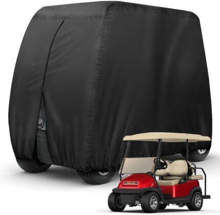 Golf Cart Cover 4 Passenger Heavy Duty, 420D Waterproof Golf Cart Covers Extended Roof Compatible with EZ GO Club Car Yamaha Golf Carts, Outdoor Dustproof 4 Seat Club Car Cover (Up to 112 Inch)