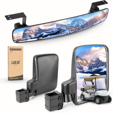 10L0L Golf Cart Mirrors, No Drilling 180 Degree Rotation & Foldable-HD Shatterproof Glass Mirrors for Golf Cart Club Car EZGO and Other, No Drilling Side Mirror & Rear View Mirror Kit