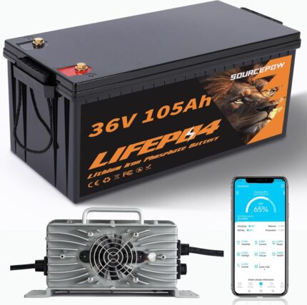36V 105Ah Lithium Golf Cart Battery, 36 Volt 105Ah LiFePO4 Battery, Built-in Bluetooth 200A BMS, with 43.8V 25A Lithium Battery Charger, Peak Current 1000A Perfect for Golf Carts, Trolling Motor