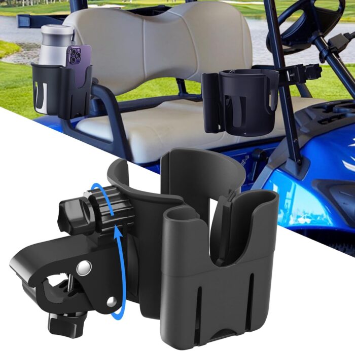 Golf Cart Cup Holder with Phone Holder, 2-in-1 Adjustable Universal Cup Phone Holder Front and Rear Seat Armrest Kit Accessories Compatible for EZGO/Club Car/Yamaha & Most Golf Carts - Image 1