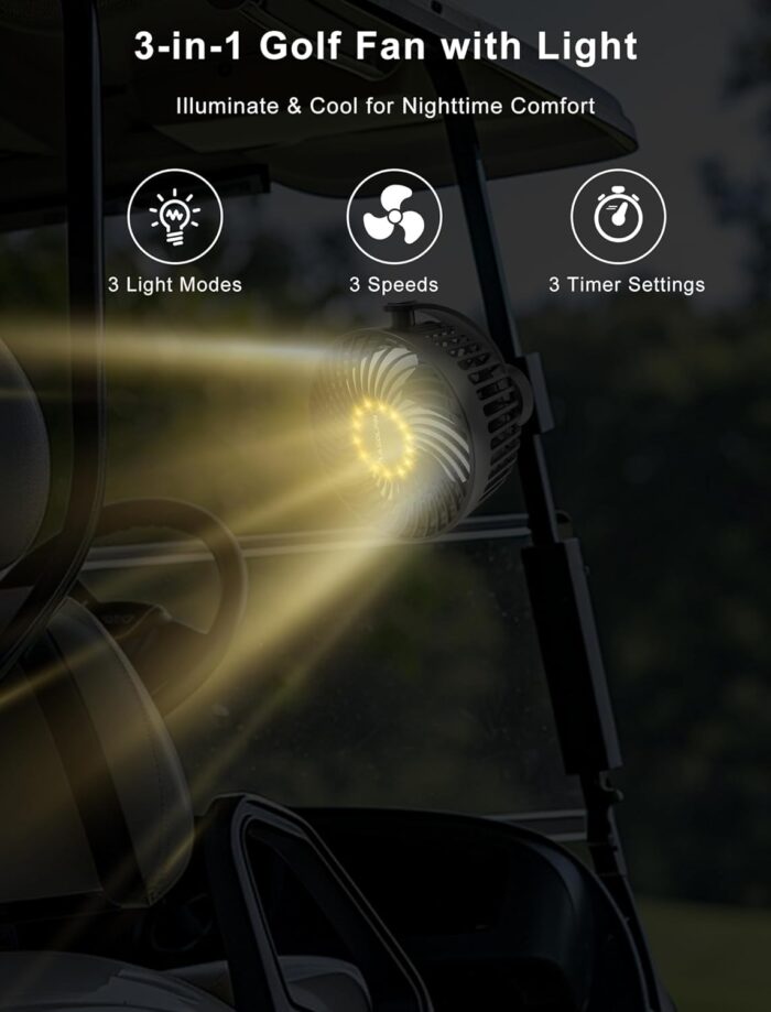 Magnetic Golf Cart Fan Rechargeable, 12000mAH Battery Operated Portable Fan with 3 Speeds, LED Lantern, Magnetic Base, Compatible with EZGO Club Car Yamaha, Golf Cart & Cruise Ship Accessories - Image 5