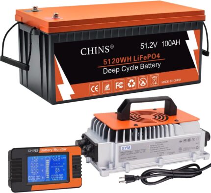 CHINS 48V 100Ah Lithium Golf Cart Battery, Bluetooth LiFePO4 Battery, Built in 200A BMS, Peak Current 1000A, Includes 48V 18A Lithium Charger and Monitor, Perfect for Golf Carts, RV etc