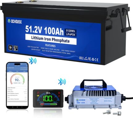 DC HOUSE 48V 100Ah Lithium Golf Cart Battery, Lifepo4 Battery with 48V 18A Lithium Batteries Charger, Built-in Smart 200A BMS, LCD Monitor & Mobile APP, Peak Current 600A