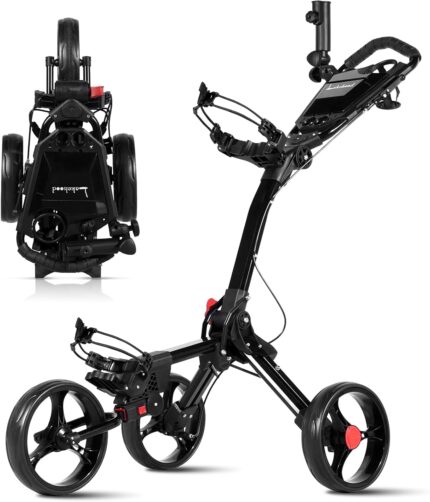 Lakehood Golf Push Cart, 3 Wheel Golf Push Cart Foldable and Golf Bag Cart, Push Cart Golf Easy to Open/Fold, Golf Caddy Push Cart with for Different Terrain with Umbrella Stand Cup Holder Scoreboard