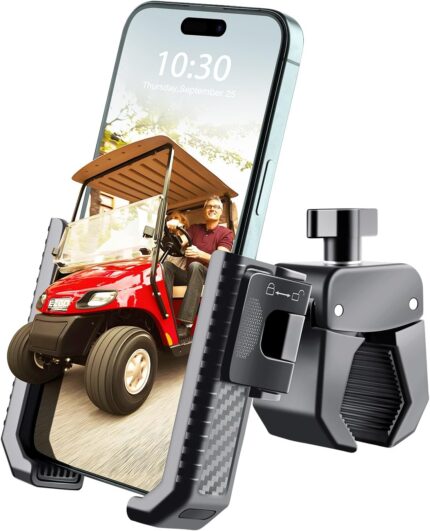 [Upgrade] Golf Cart Phone Mount Holder [Military-Grade Sturdy] with Security Double Lock Compatible with EZGO/Club Car/Yamaha, -360° Rotation with Anti-Scratch Pad [Big Phones & Thick Cases Friendly]