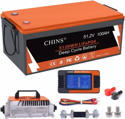 CHINS 48 Volt Lithium Battery for Golf Cart with 18A Charger, 48V Lithium Battery with 200A BMS, LCD & Mobile Monitor, 5.12kWh with 10.24kW Output, 1000A Peak Current for Golf Cart