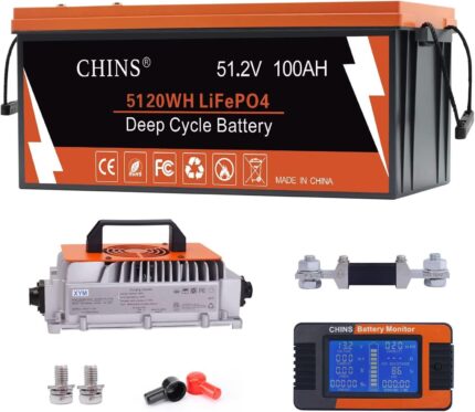 CHINS 48V 100AH Lithium Battery for Golf Cart with 48V 18A Charger, Monitor, Built-in Bluetooth 200A BMS, 48V Golf Cart Battery with 10.24kW Output, 1000A Peak Current
