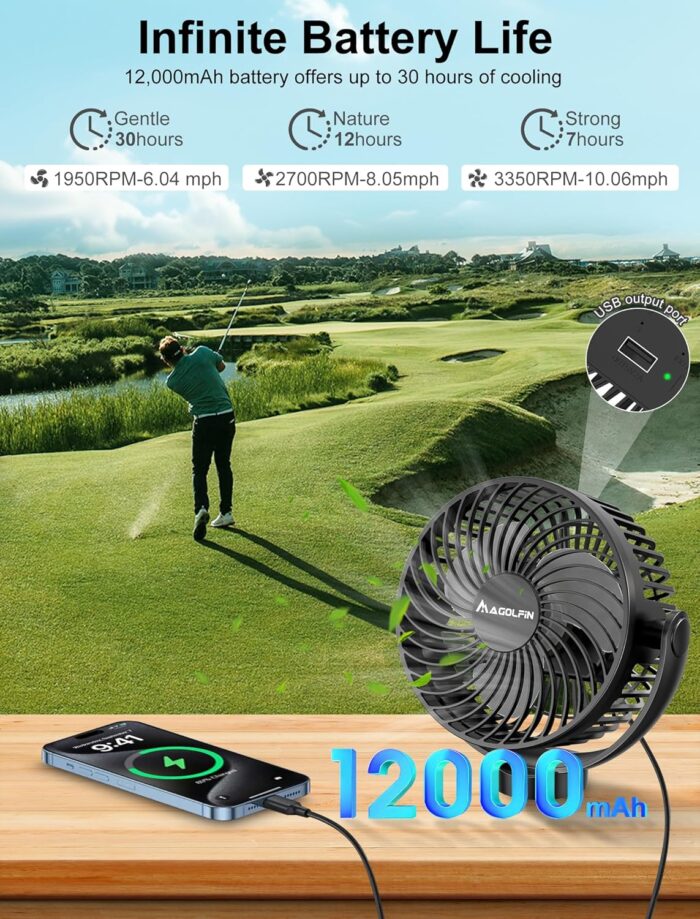 Magnetic Golf Cart Fan Rechargeable, 12000mAH Battery Operated Portable Fan with 3 Speeds, LED Lantern, Magnetic Base, Compatible with EZGO Club Car Yamaha, Golf Cart & Cruise Ship Accessories - Image 2