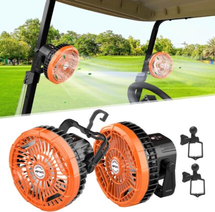 Rechargeable Golf Cart Fan, 10400mAh Battery, 3-Speed, LED Light, 36 Hrs Work, Remote Control, Hang Hook, USB & Type C Port, Orange