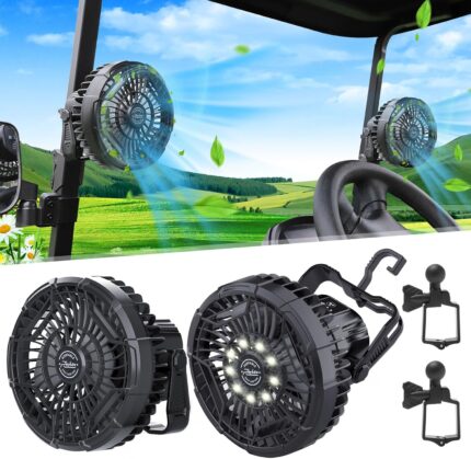 Roykaw Golf Cart Portable Rechargeable Fan Compatible with EZGO Club Car Yamaha, 10400mAh Battery Operated Fan, 3-Gear Speed/LED Lantern, Cordless Fan with Remote/Handle/Hang Hook, USB & Type C Port