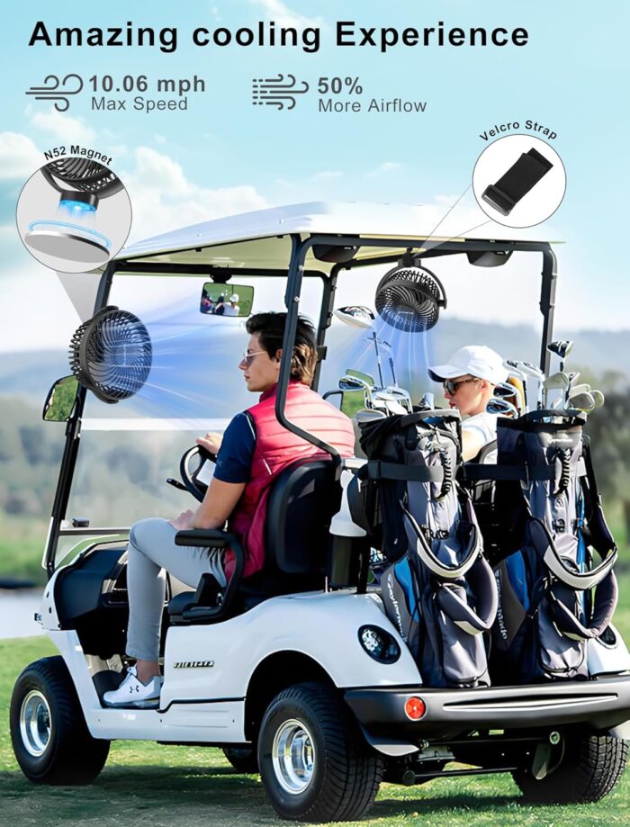 Magnetic Golf Cart Fan Rechargeable, 12000mAH Battery Operated Portable Fan with 3 Speeds, LED Lantern, Magnetic Base, Compatible with EZGO Club Car Yamaha, Golf Cart & Cruise Ship Accessories - Image 4