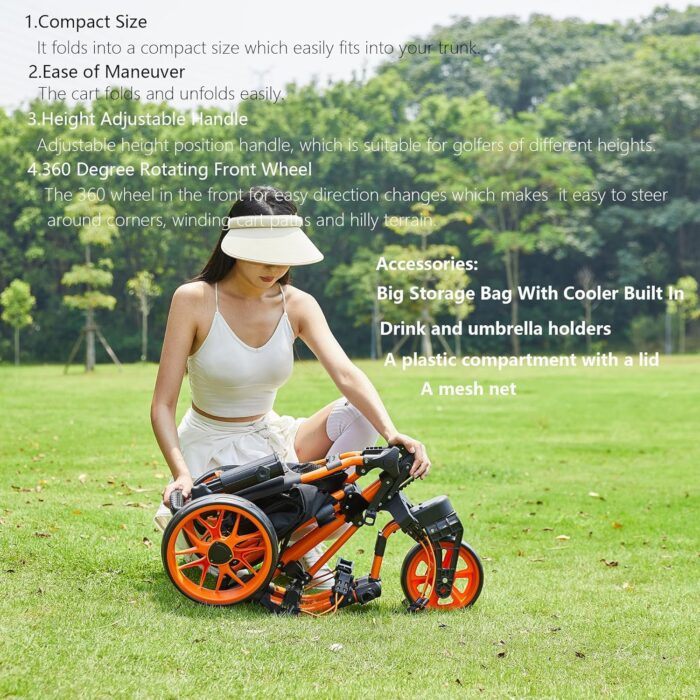 Golf Push Cart 3 Wheel with 360 Swivel Front Wheel,Lightweight and Foldable Walking Golf Cart，One-Click Foldable,with Foot Brake - Image 5
