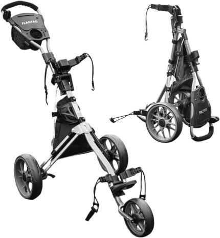 Golf Push Cart 3 Wheel, Folding Golf Cart with Foot Brake,Cooler Bag, Umbrella Holder, Cup Holder, Storage Compartment