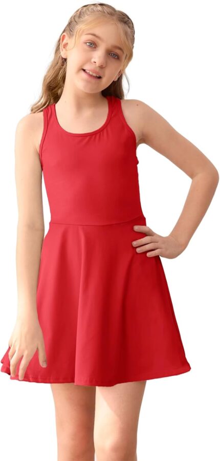 Haloumoning Girls Sleeveless Tennis Dress Kids Racerback Golf Dress School Sports Dresses Outfit with Shorts Pockets