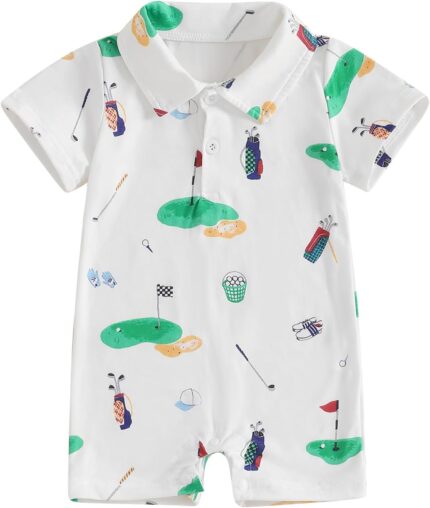 Newborn Baby Boy Outfit Short Sleeve Lapel Collar Button Up Golf Hole Embroidery Romper Jumpsuit Infant Summer Clothes