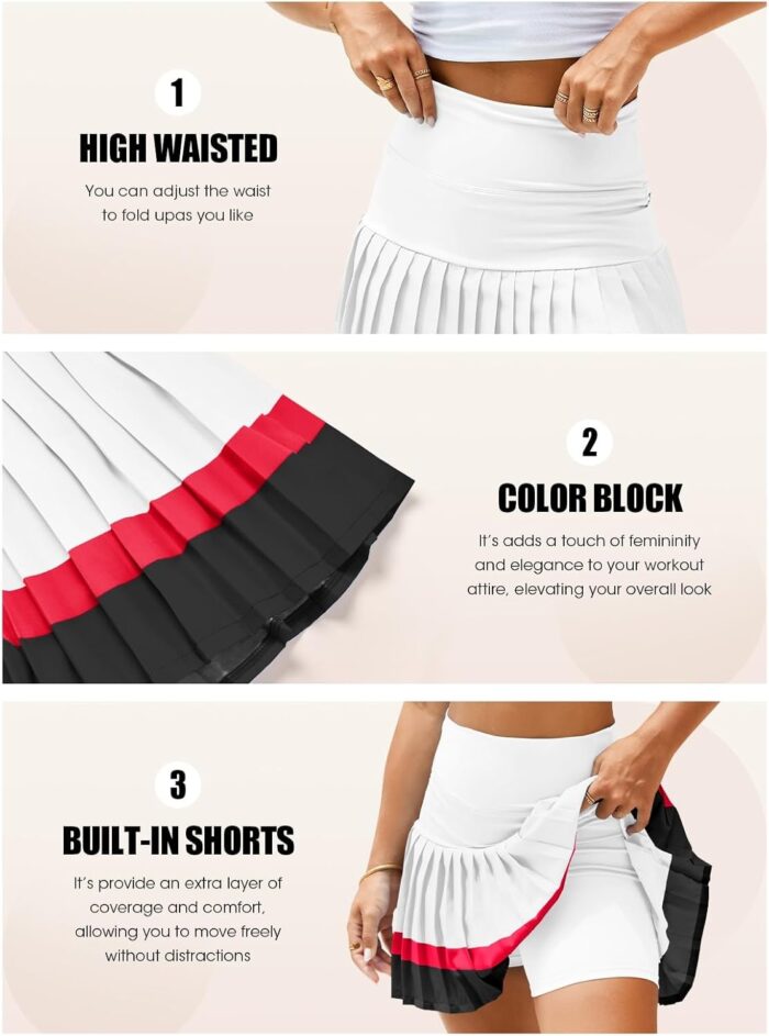 Fisoew Women's High Waisted Tennis Skirts Color Block Pleated Athletic Golf Skorts Mini Skirt with Built in Shorts - Image 3