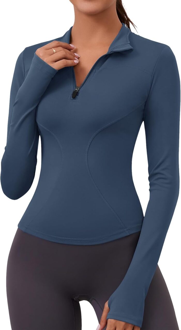 LOMON Womens Long Sleeve Workout Tops Quick Dry Quarter Zip Pullover Crop Yoga Athletic Slim Fit Shirts - Image 1