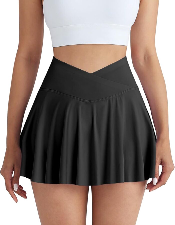 CHRLEISURE Women Tennis Golf Skirt with Pockets - High Waisted Crossover Golf Pleated Athletic Workout Dress Running Skort - Image 1