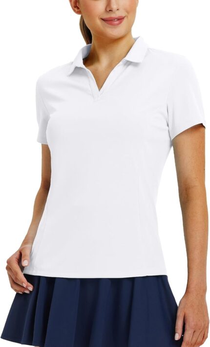 baleaf Women's Golf Shirts Polo Collared V Neck Shorts Sleeve Tennis Shirt Lightweight Quick Dry UPF50+