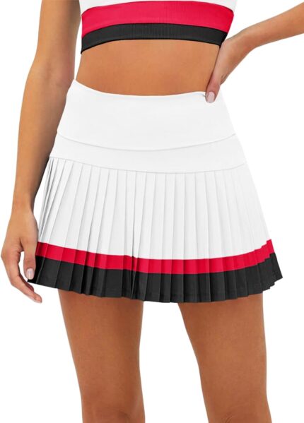 Fisoew Women's High Waisted Tennis Skirts Color Block Pleated Athletic Golf Skorts Mini Skirt with Built in Shorts