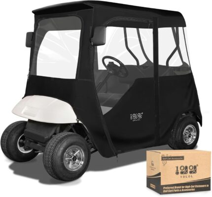 10L0L Golf Cart Deluxe Driving Enclosure 2 Passenger Fits EZGO TXT & RXV Golf Cart Only, Heavy Duty 600D Waterproof Portable Drivable Golf Cart Storage Cover Enclosure - Black