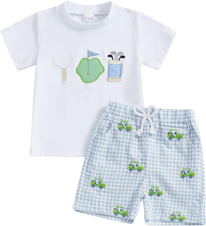 Toddler Baby Boy Golf Outfit Golf Cart Short Sleeve T-shirt Plaid Elastic Waist Shorts Summer Clothes - Image 1