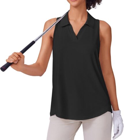 PINSPARK Womens Golf Shirt UPF 50+ Sleeveless Collared Shirts Quick Dry Tennis Polo V-Neck Racerback Athletic Workout Tank
