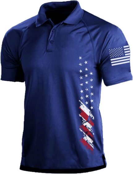 H HYFOL Short Sleeve Polo Shirts for Men Graphic Stretch Casual American Patriotic Raglan Golf Polos for Men
