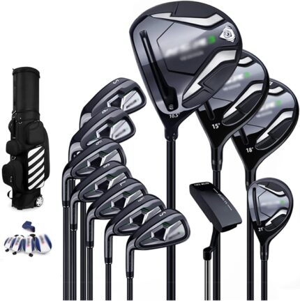 12 Piece Golf Set Left Handed, Men's Complete Golf Club Package Sets, Professional Golf Club Graphite Carbon Steel Shaft with Wheels Bag, Black