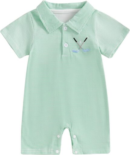 Baby Boy Summer Outfit Short Sleeve Embroidery Collared Romper Lapel Button Striped Bodysuit Jumpsuit Clothes