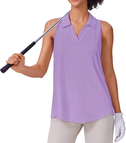 PINSPARK Womens Golf Shirt UPF 50+ Sleeveless Collared Shirts Quick Dry Tennis Polo V-Neck Racerback Athletic Workout Tank