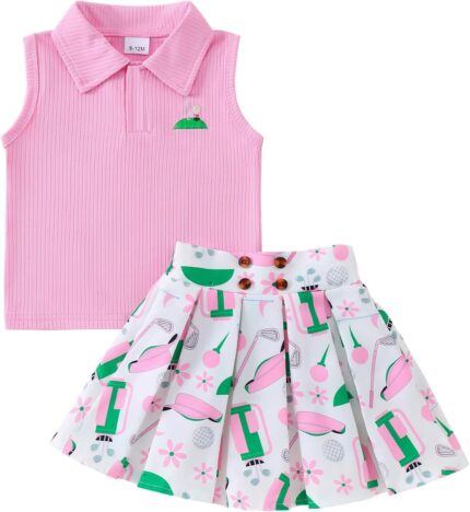 Toddler Baby Girl Golf Outfit Golf Print Polo Shirt Sleeveless Tank Top Mini Skirt Set Cute Girls Summer Clothes