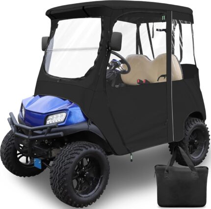 Golf Cart Enclosure Cover for Club Car Precedent, 2 Seat 600D Oxdord with 3 Door Zippers, Security Side Mirror Reserved, Waterproof Portable Transparent Storage Driving Rain Cover Short Roof