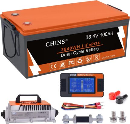 CHINS 36V Golf Cart Bluetooth LiFePO4 Battery, with 200A BMS, includes 36V 25A Lithium Charger and Monitor, 1000A Peak Current Perfect for Golf Cart, Trolling Motor etc