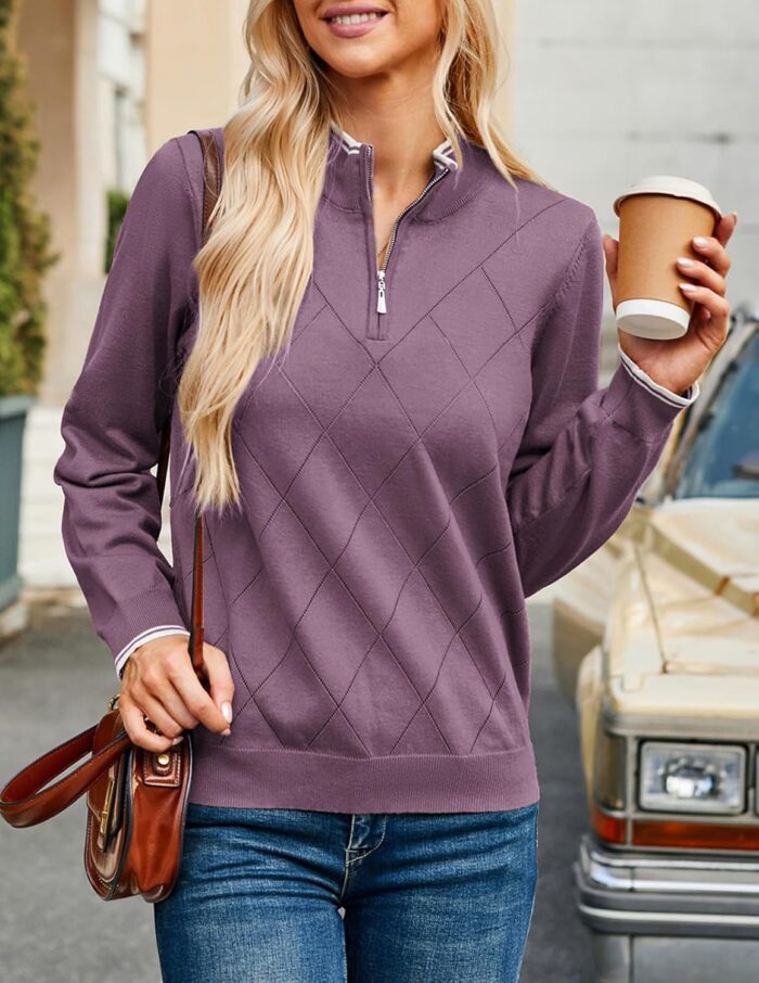 JACK SMITH Pullover Sweaters for Women Long Sleeve Argyle Quarter Zipper Collar Polo Sweater Ribbed Knit Golf Tops - Image 5