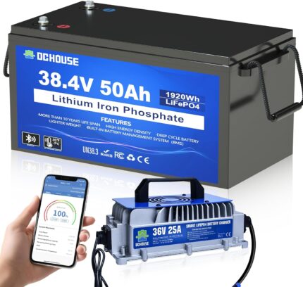 DC HOSUE 36V 50AH Lithium Golf Carts Battery,Lifepo4 Battery with 36V 25A Charger, Built-in 2C 100A Bluetooth BMS, Low Temperature Cut Off for Golf Carts under 3KW, Trolling Motors, Boat, RVs