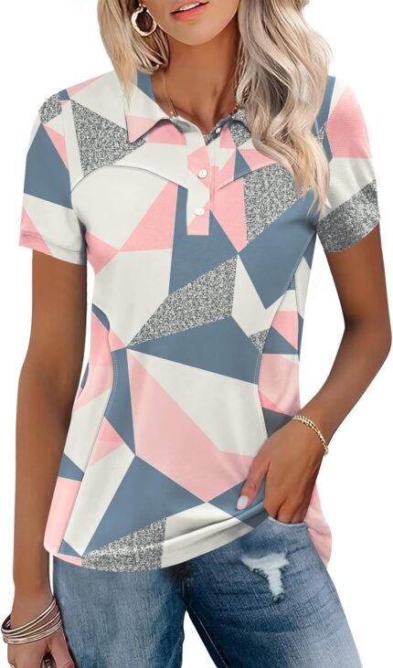 TFSDOD Womens Golf Polo Shirts Collared Short Sleeve T Shirt Lightweight Moisture Wicking Polo Casual 3 Buttons Outfits