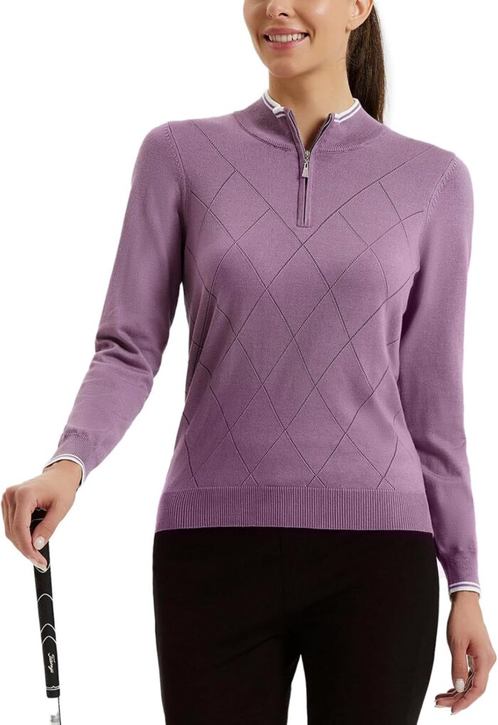 JACK SMITH Pullover Sweaters for Women Long Sleeve Argyle Quarter Zipper Collar Polo Sweater Ribbed Knit Golf Tops - Image 2