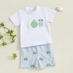 Toddler Baby Boy Golf Outfit Golf Cart Short Sleeve T-shirt Plaid Elastic Waist Shorts Summer Clothes - Image 2