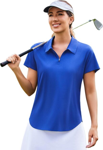 PINSPARK Womens Golf Shirt Zip Up Polo UPF 50+ Sun Protection Collared Shirts Quick Dry Short Sleeve Tennis Athletic Top