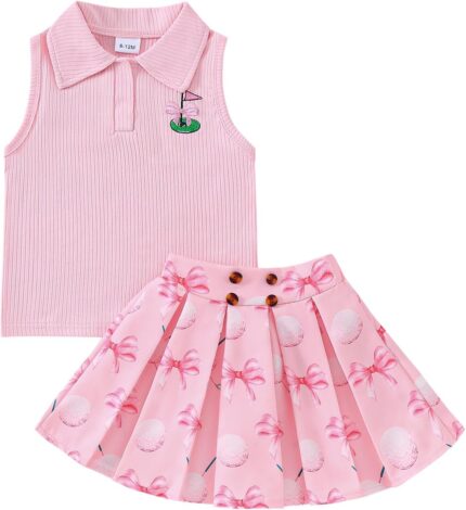 Toddler Baby Girl Golf Outfit Golf Print Lapel Collar Sleeveless Tank Top Mini Skirt Set Cute Girls Summer Clothes
