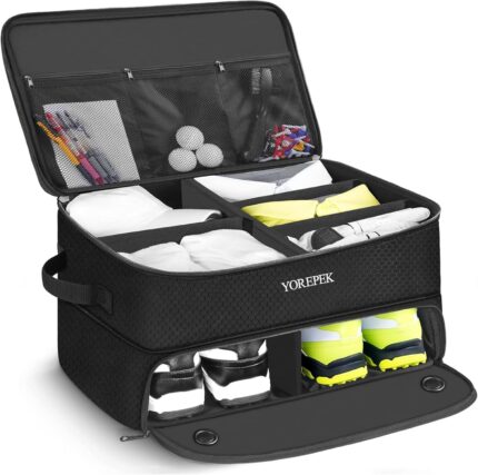 YOREPEK 2 Layer Golf Trunk Organizer, Golf Gifts for Men with Separate Ventilated Compartment for 2 Pair Shoes, Waterproof Car Trunk Locker for Balls, Tees, Clothes, Gloves, Accessories, Golfer Gifts