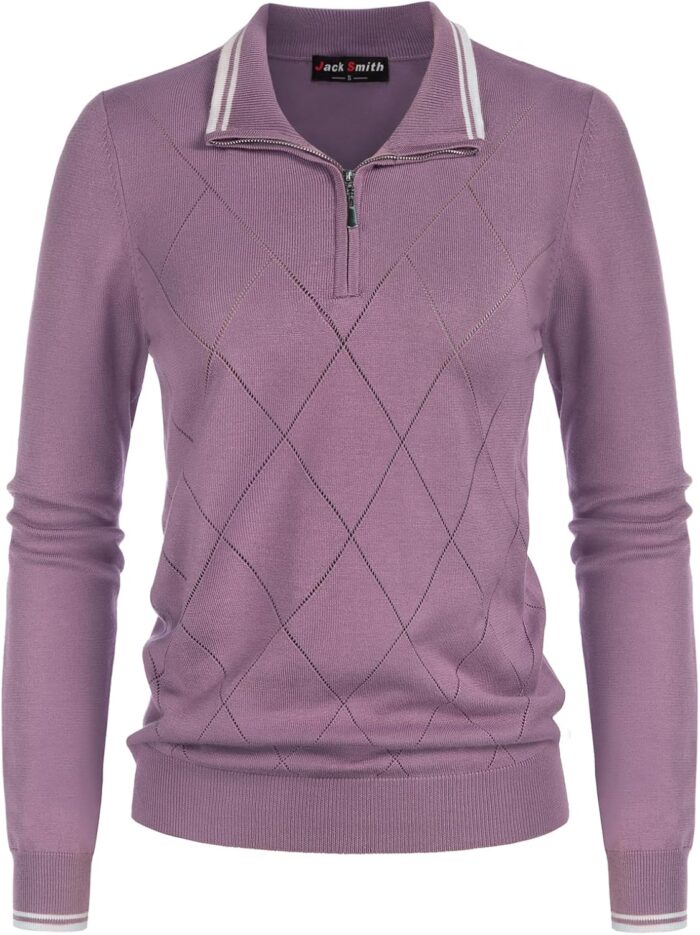 JACK SMITH Pullover Sweaters for Women Long Sleeve Argyle Quarter Zipper Collar Polo Sweater Ribbed Knit Golf Tops - Image 1