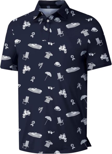 Mens Golf Shirt Short Sleeve Funny Print Golf Polo Shirts for Men Lightweight Dry Fit Quick Dry Collared Golf Polos