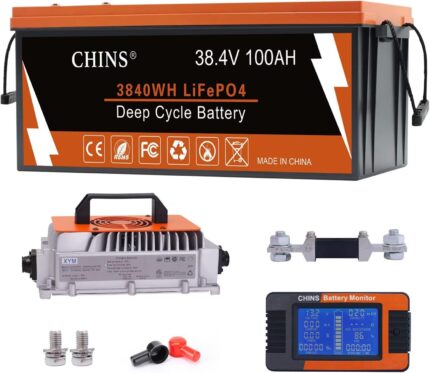 CHINS 36V 100AH Lithium Battery for Golf Cart with 36V 25A Charger, Monitor, Built-in Bluetooth 200A BMS, 36V Golf Cart Battery with 7.68kW Output, 1000A Peak Current