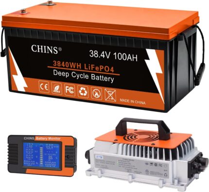 CHINS 36V Lithium Golf Cart Battery, 36 Volt 100Ah LiFePO4 Battery, Built-in Bluetooth 200A BMS, Includes 36V 25A Charger, Monitor, Perfect for Golf Carts