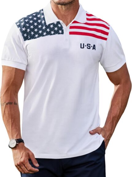 Arvilhill Men's 4th of July Polo Shirt American Flag Short Sleeve Golf Shirt