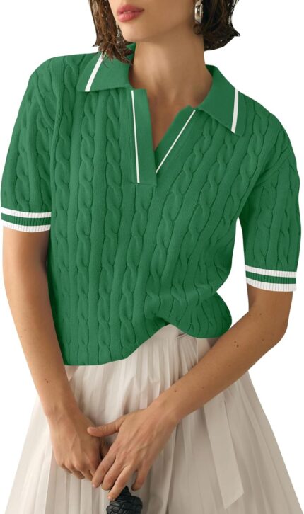 Micoson Womens Short Sleeve Sweater Tops Lapel V Neck Loose Shirts 2025 Summer Cable Knit Business Casual Outfits